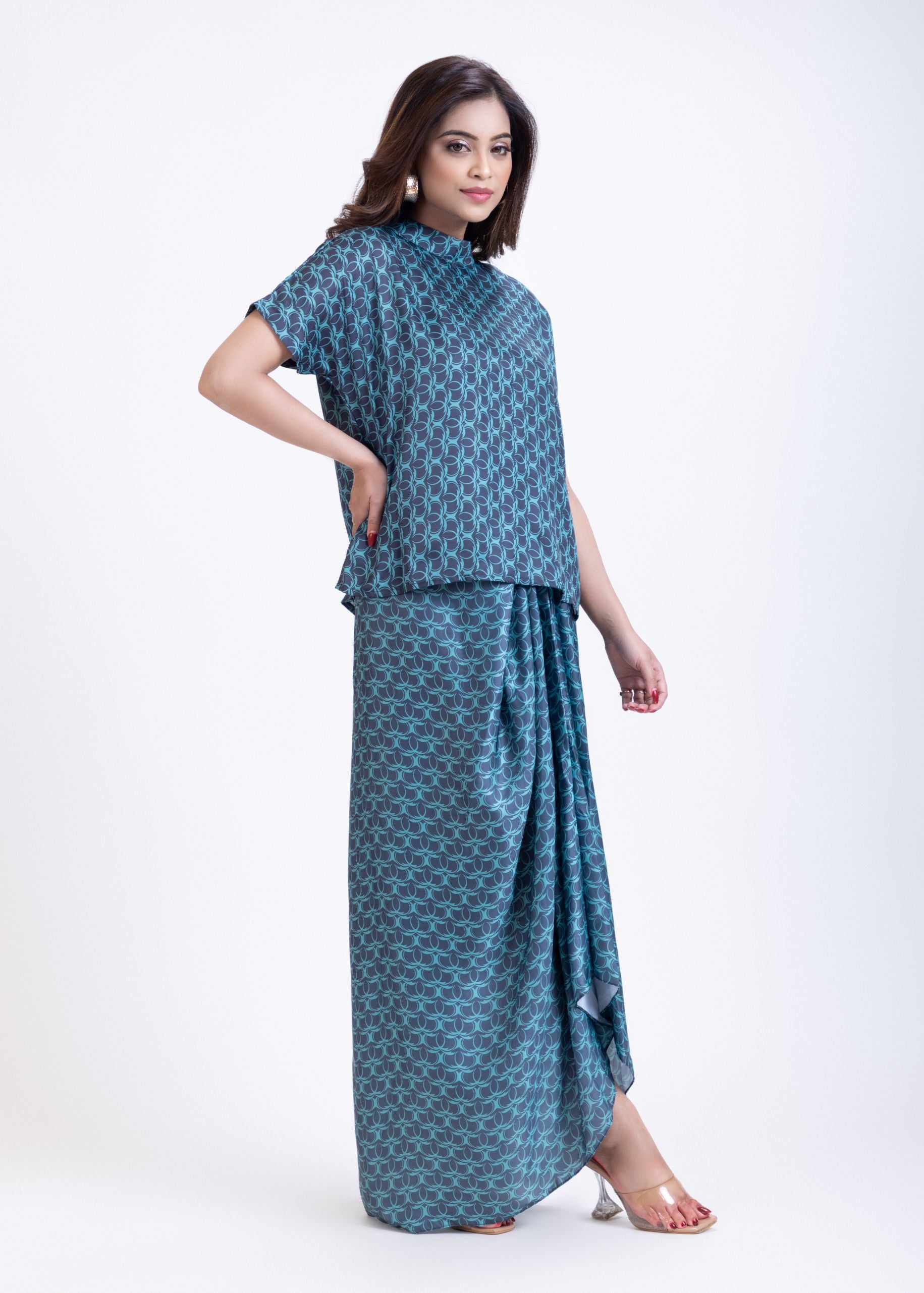 Teal Blue  Drape Skirt Co-Ord Set front 