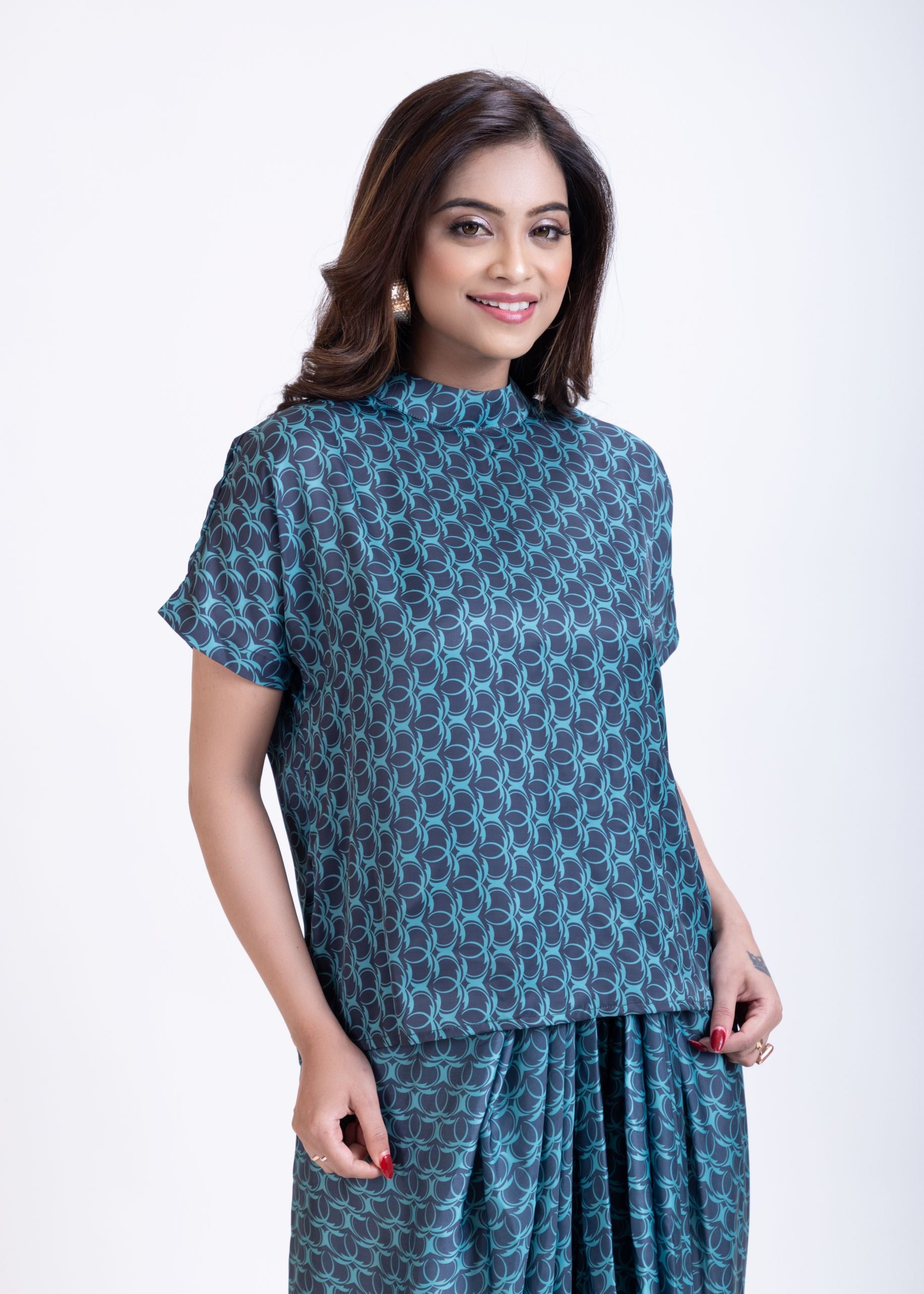 Teal Blue  Drape Skirt Co-Ord Set 