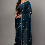Teal Blue Satin Silk Saree With Hand Embroidered Cut dana work - Anvi Couture