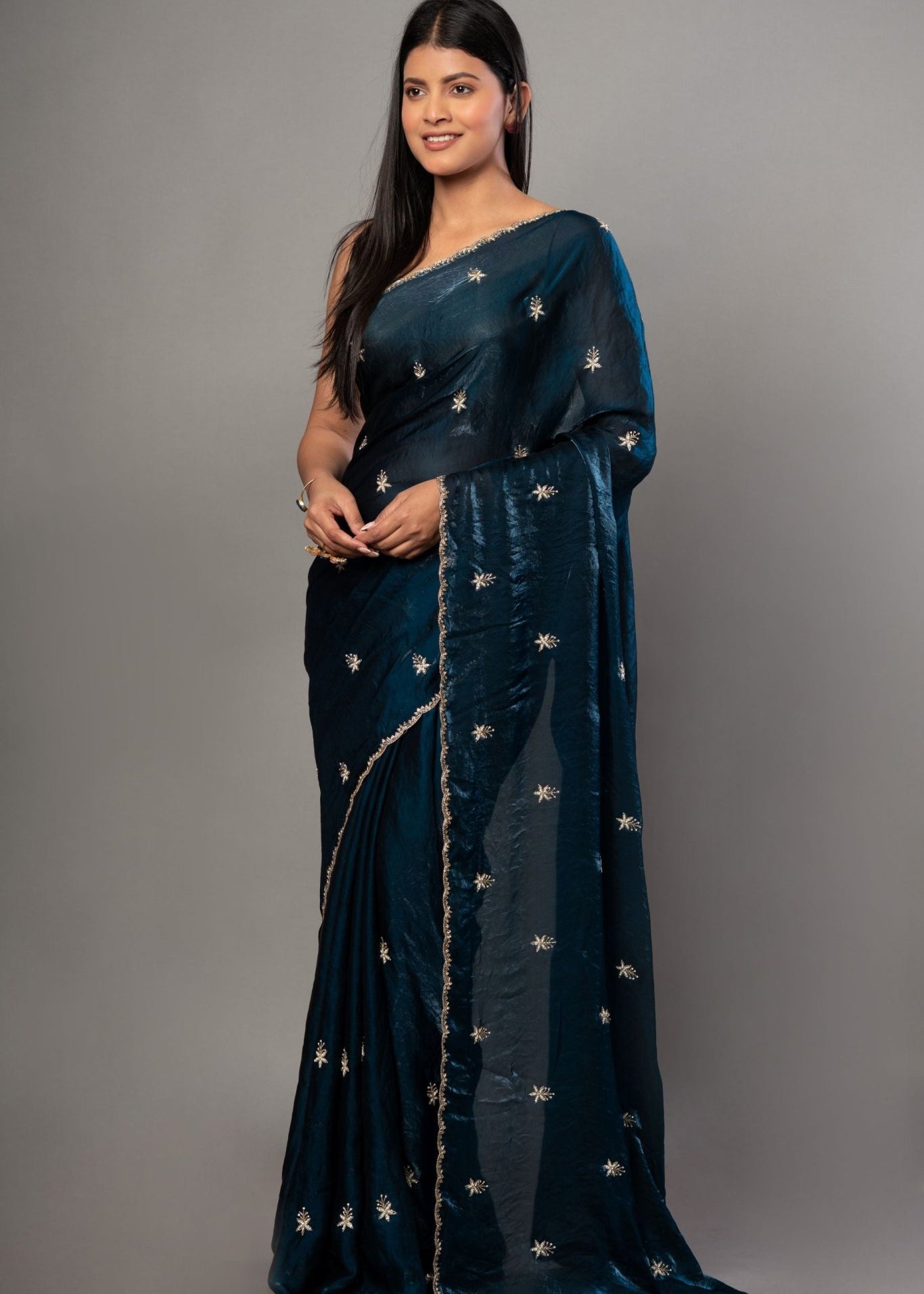 Teal Blue Satin Silk Saree With Hand Embroidered Cut dana work - Anvi Couture