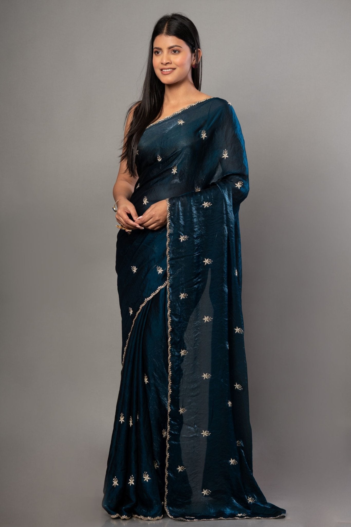 Teal Blue Satin Silk Saree With Hand Embroidered Cut dana work - Anvi Couture