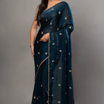 Teal Blue Satin Silk Saree With Hand Embroidered Cut dana work - Anvi Couture