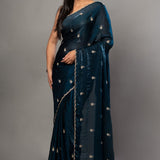 Teal Blue Satin Silk Saree With Hand Embroidered Cut dana work - Anvi Couture