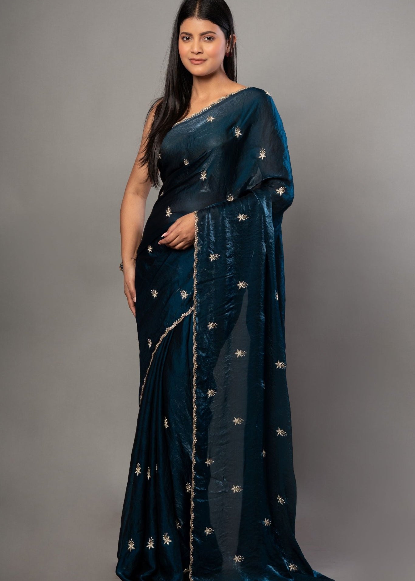 Teal Blue Satin Silk Saree With Hand Embroidered Cut dana work - Anvi Couture