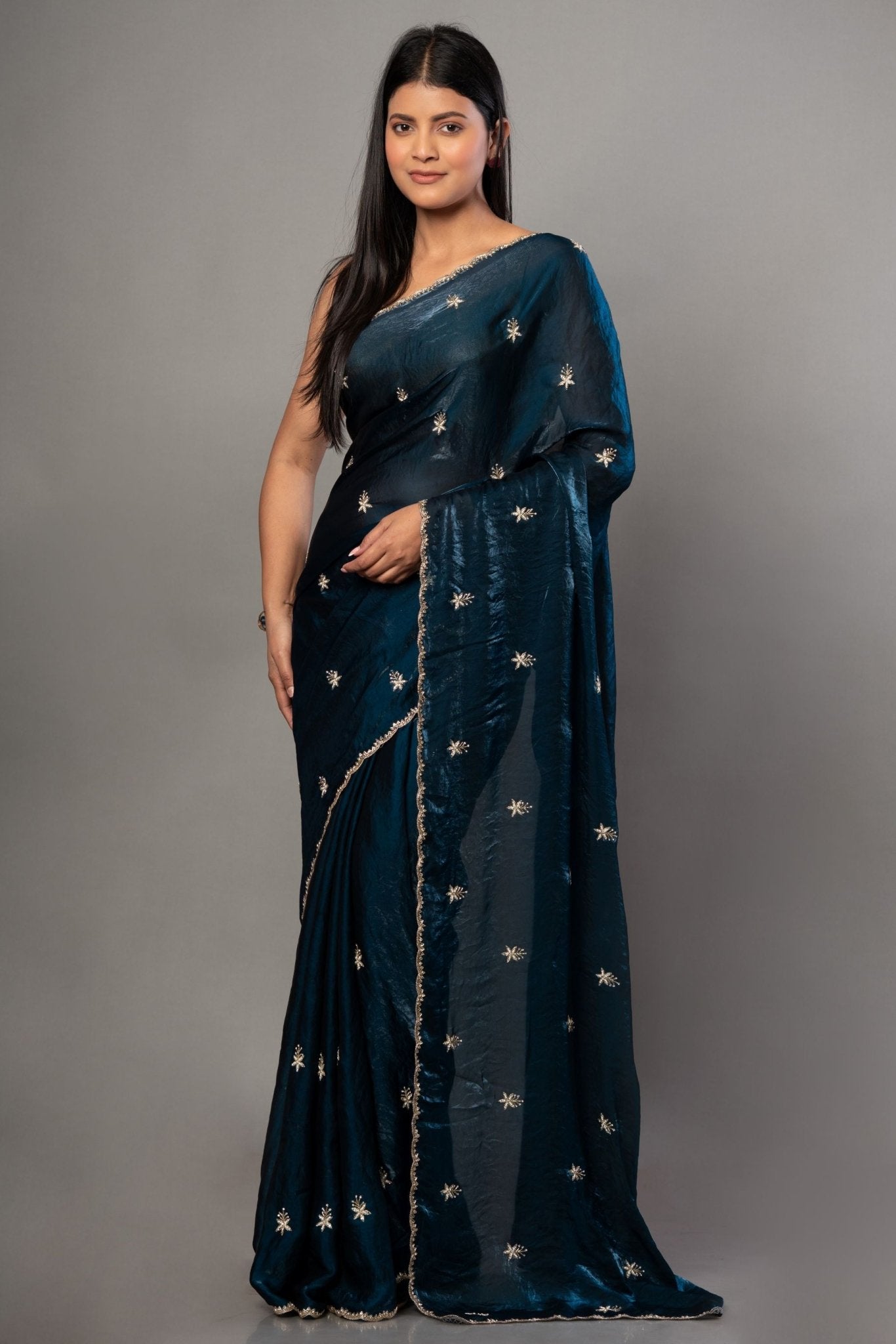 Teal Blue Satin Silk Saree With Hand Embroidered Cut dana work - Anvi Couture