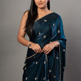 Teal Blue Satin Silk Saree With Hand Embroidered Cut dana work - Anvi Couture