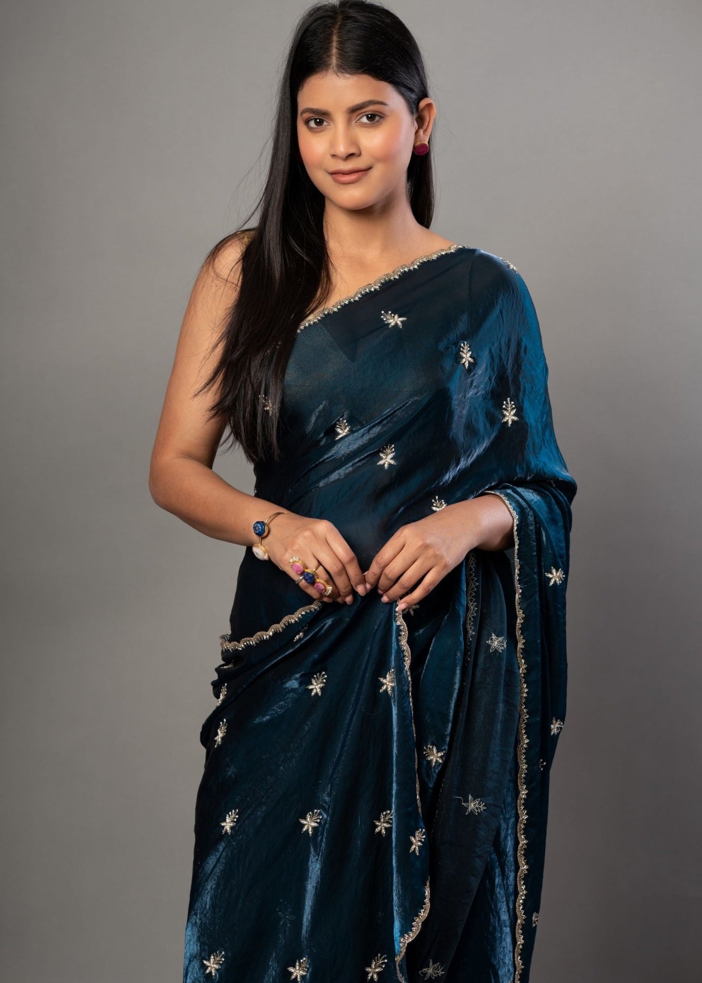 Teal Blue Satin Silk Saree With Hand Embroidered Cut dana work - Anvi Couture