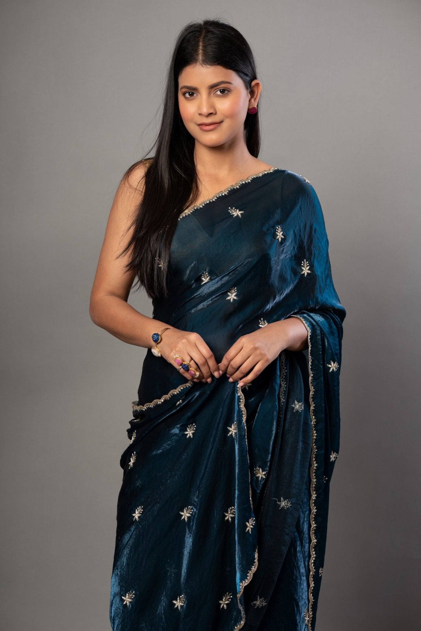 Teal Blue Satin Silk Saree With Hand Embroidered Cut dana work - Anvi Couture