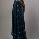 Teal Blue Satin Silk Saree With Hand Embroidered Cut dana work - Anvi Couture