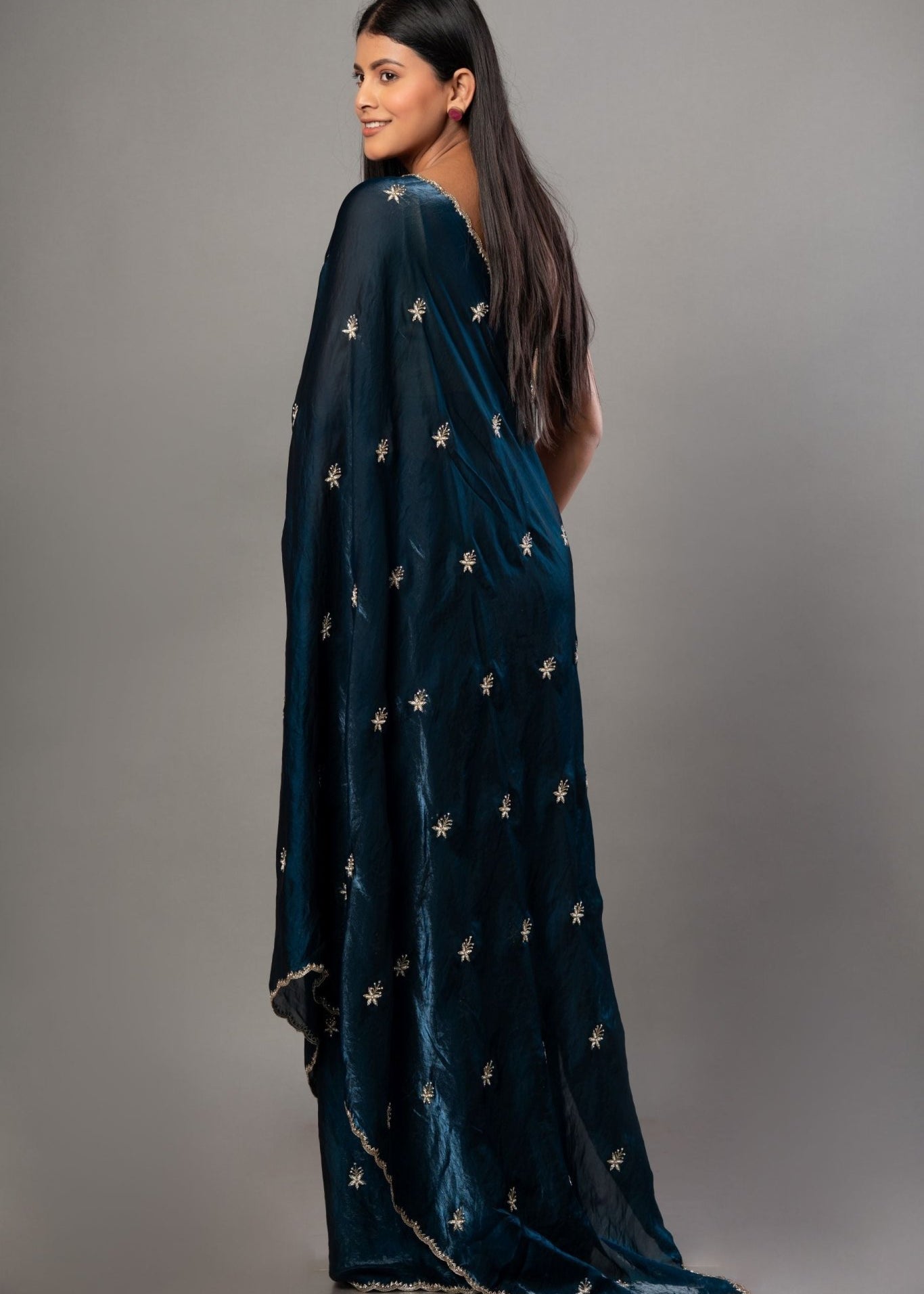 Teal Blue Satin Silk Saree With Hand Embroidered Cut dana work - Anvi Couture