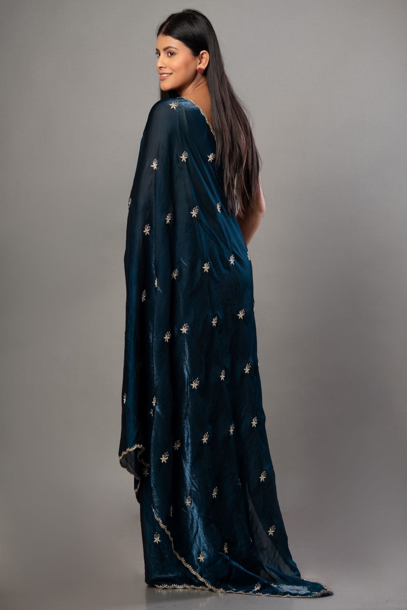Teal Blue Satin Silk Saree With Hand Embroidered Cut dana work - Anvi Couture