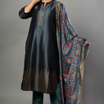 Teal Blue Silk Kurti Set with Stone Work and Printed Dupatta - Anvi Couture