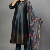 Teal Blue Silk Kurti Set with Stone Work and Printed Dupatta - Anvi Couture