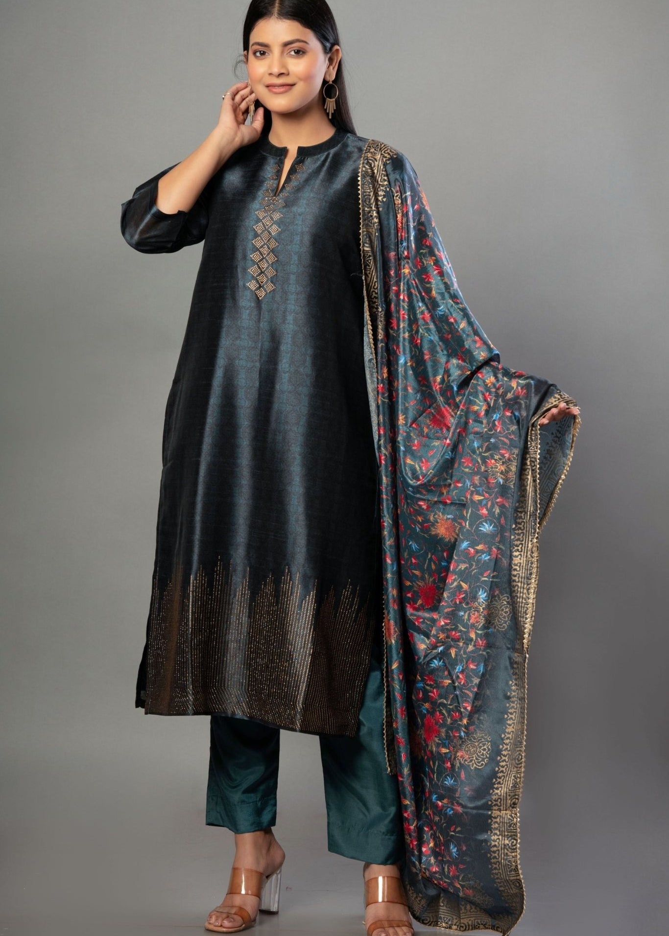 Teal Blue Silk Kurti Set with Stone Work and Printed Dupatta - Anvi Couture