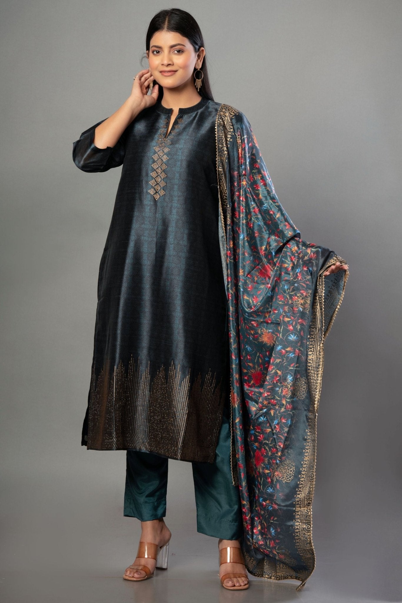 Teal Blue Silk Kurti Set with Stone Work and Printed Dupatta - Anvi Couture