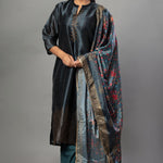 Teal Blue Silk Kurti Set with Stone Work and Printed Dupatta - Anvi Couture