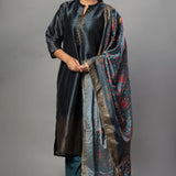 Teal Blue Silk Kurti Set with Stone Work and Printed Dupatta - Anvi Couture