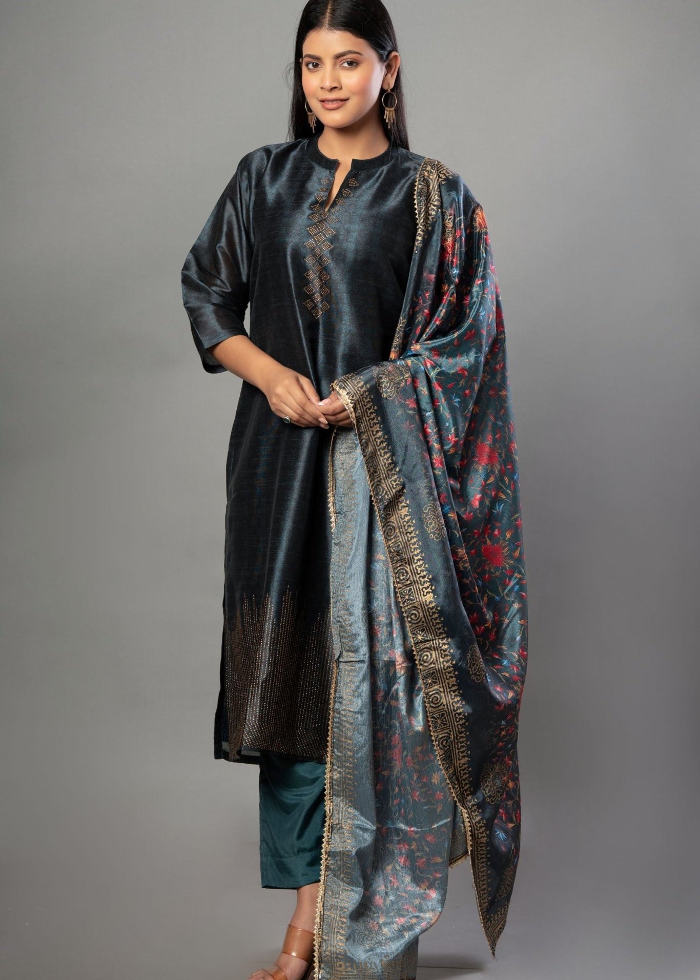 Teal Blue Silk Kurti Set with Stone Work and Printed Dupatta - Anvi Couture