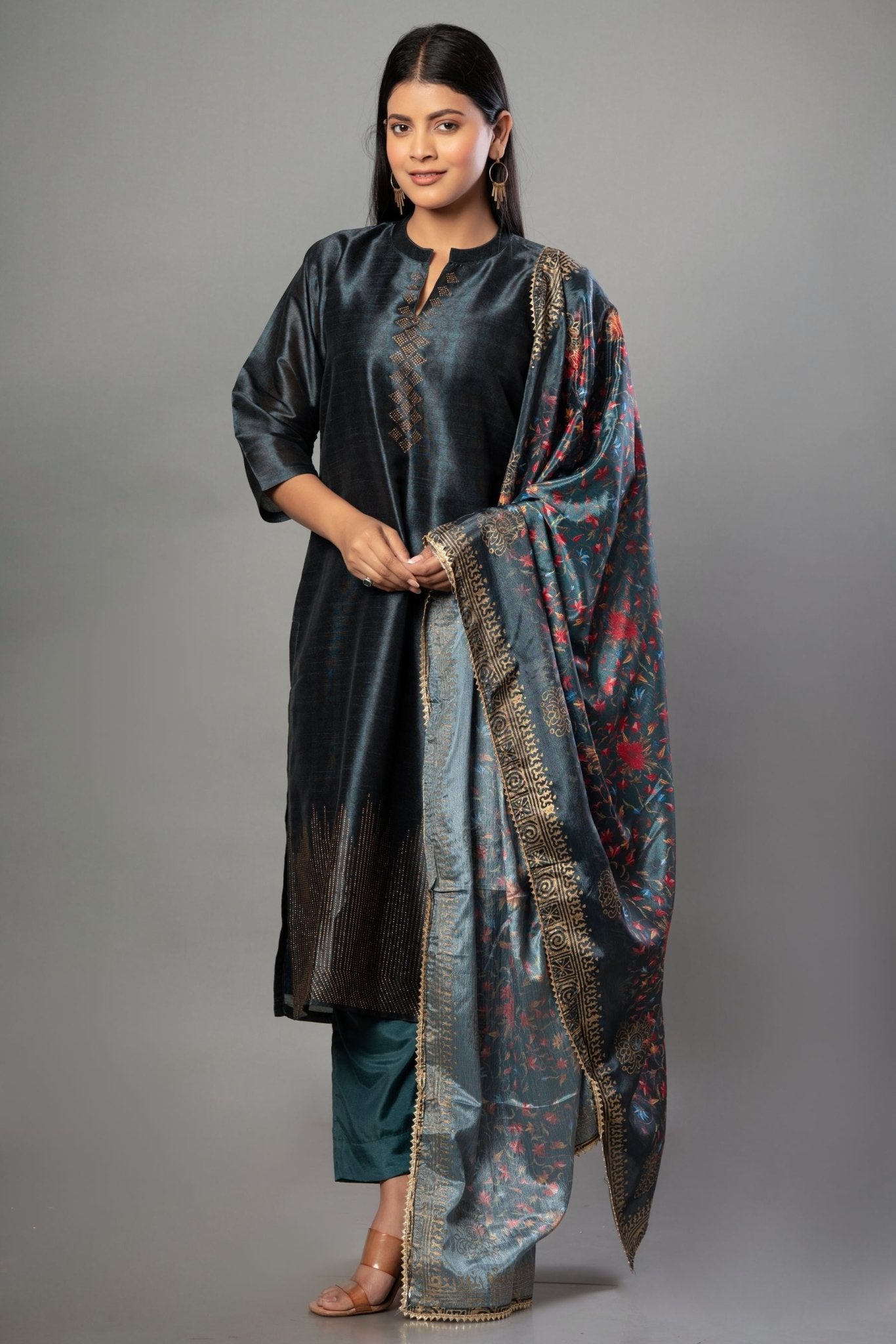 Teal Blue Silk Kurti Set with Stone Work and Printed Dupatta - Anvi Couture