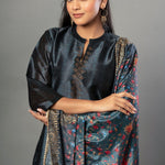 Teal Blue Silk Kurti Set with Stone Work and Printed Dupatta - Anvi Couture
