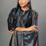 Teal Blue Silk Kurti Set with Stone Work and Printed Dupatta - Anvi Couture