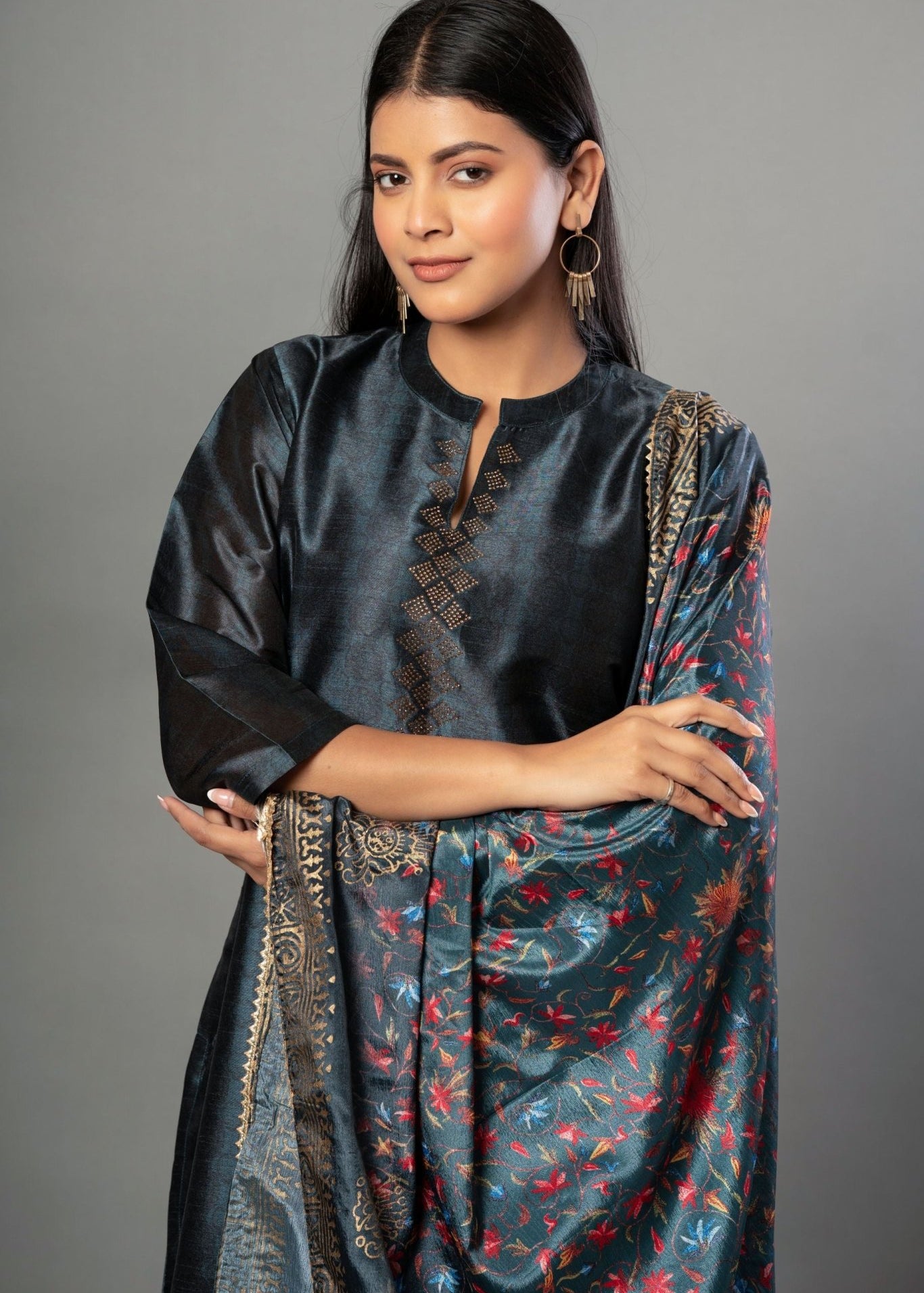 Teal Blue Silk Kurti Set with Stone Work and Printed Dupatta - Anvi Couture