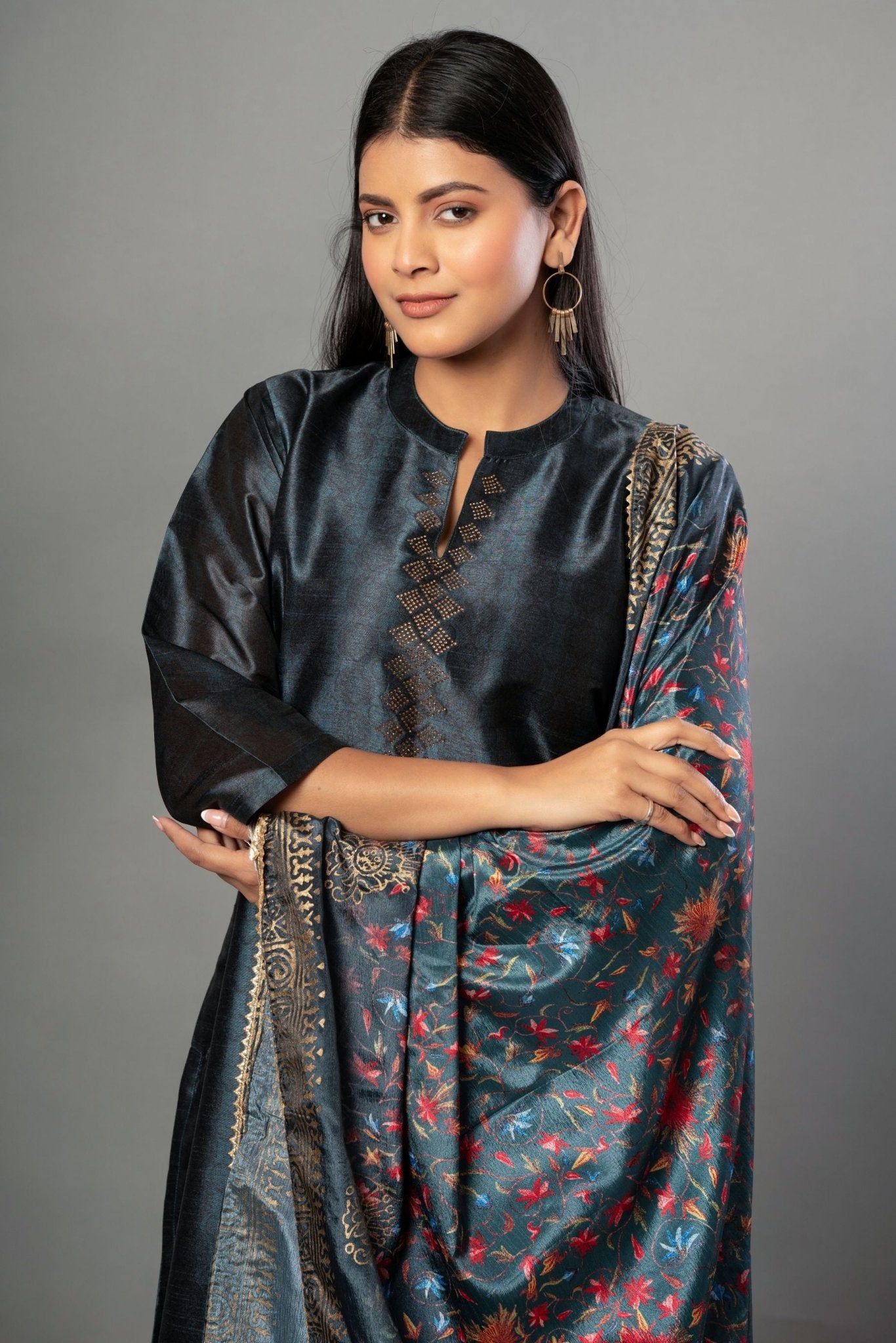 Teal Blue Silk Kurti Set with Stone Work and Printed Dupatta - Anvi Couture