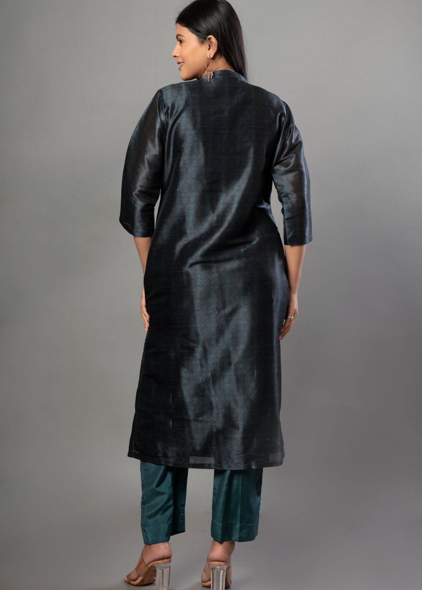 Teal Blue Silk Kurti Set with Stone Work and Printed Dupatta - Anvi Couture