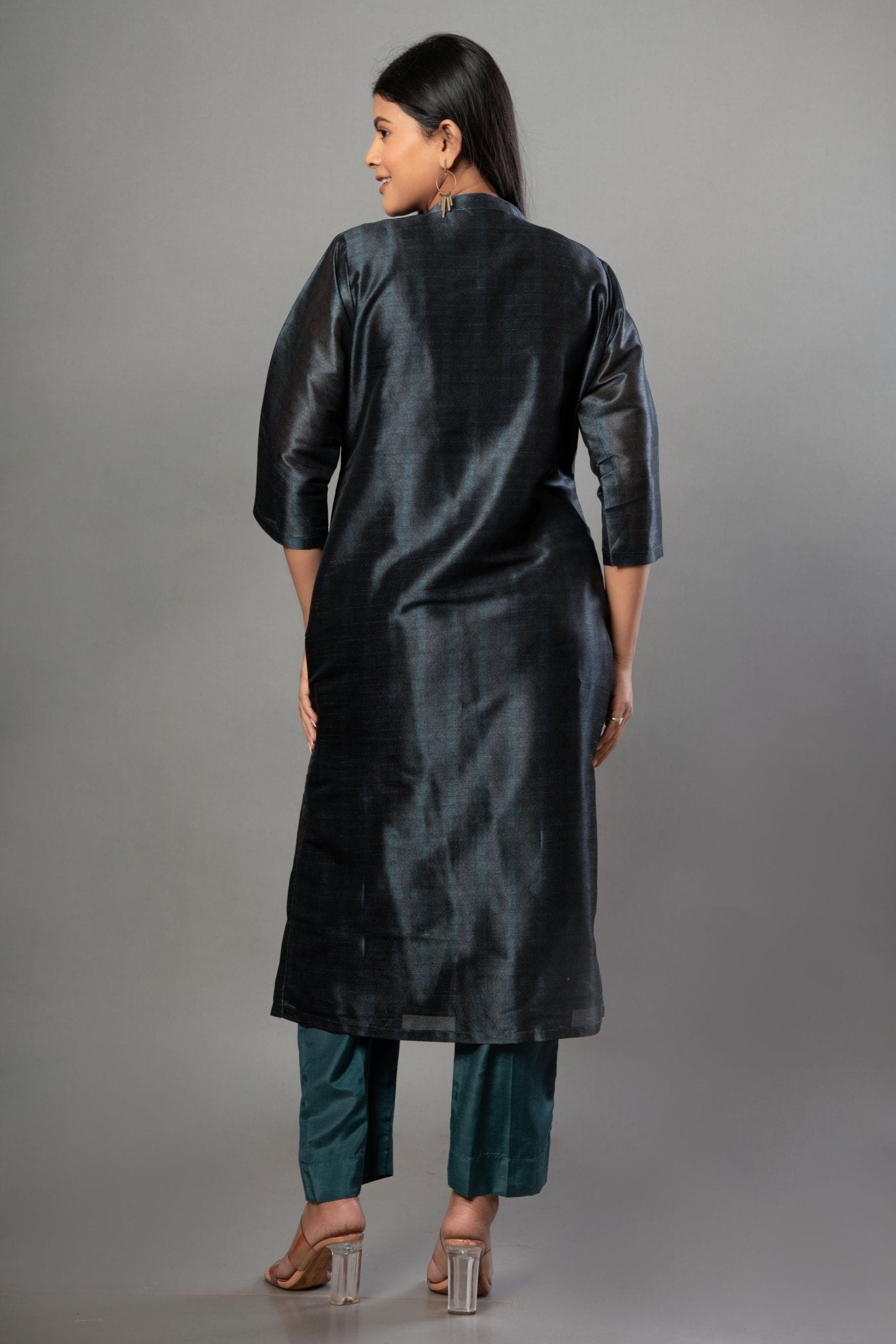 Teal Blue Silk Kurti Set with Stone Work and Printed Dupatta - Anvi Couture
