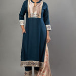 Teal Blue Straight Kurti Set with Cotton Silk - Anvi Couture