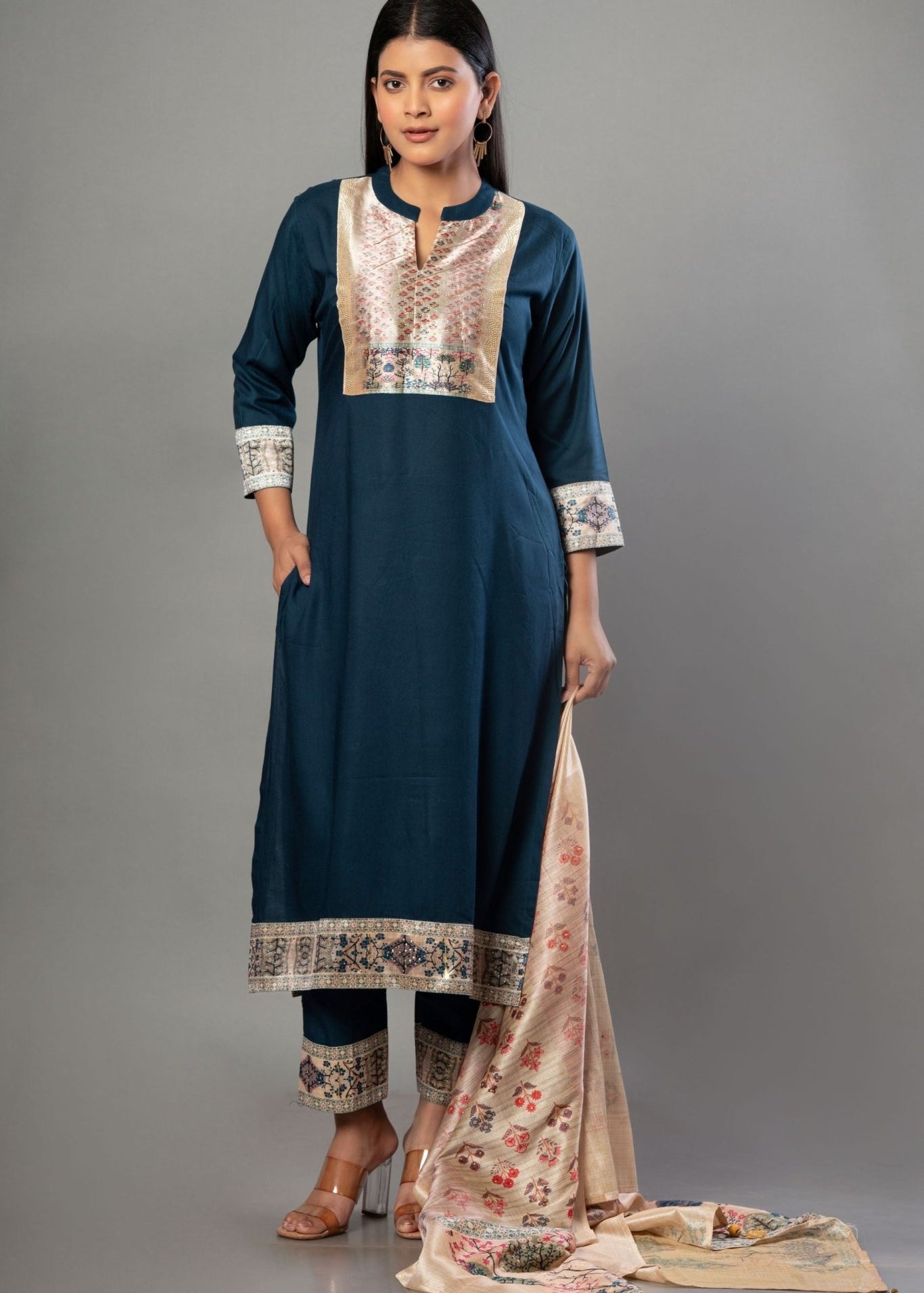 Teal Blue Straight Kurti Set with Cotton Silk - Anvi Couture
