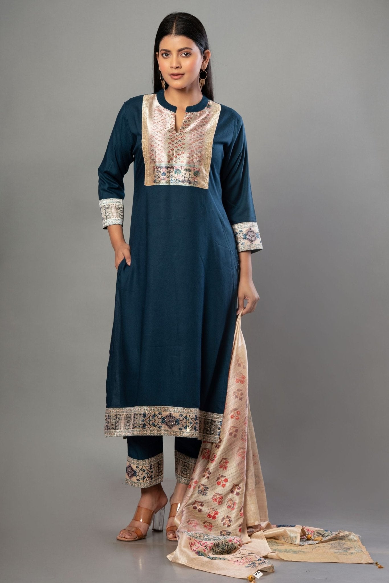 Teal Blue Straight Kurti Set with Cotton Silk - Anvi Couture