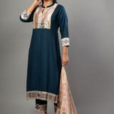 Teal Blue Straight Kurti Set with Cotton Silk - Anvi Couture