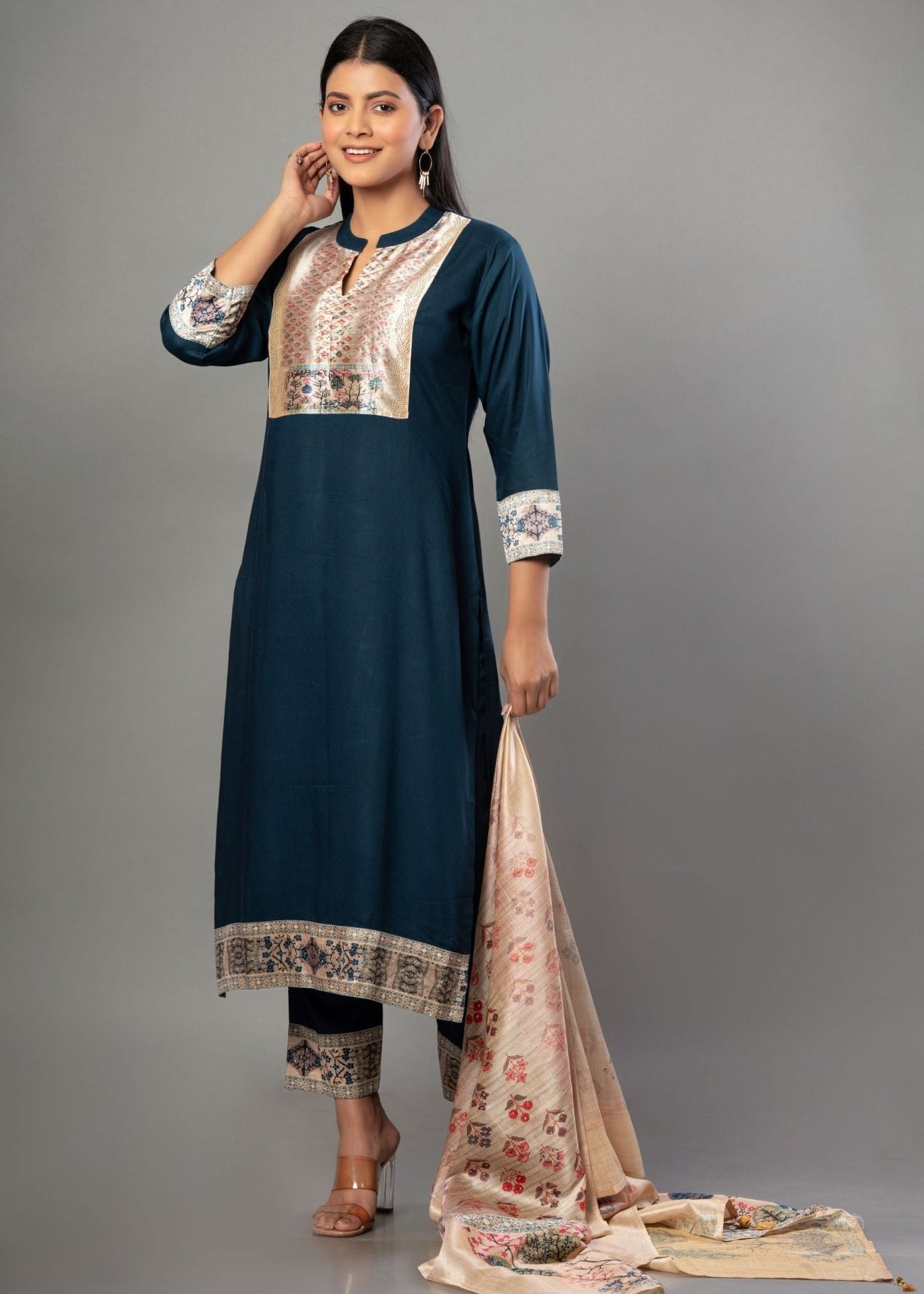 Teal Blue Straight Kurti Set with Cotton Silk - Anvi Couture