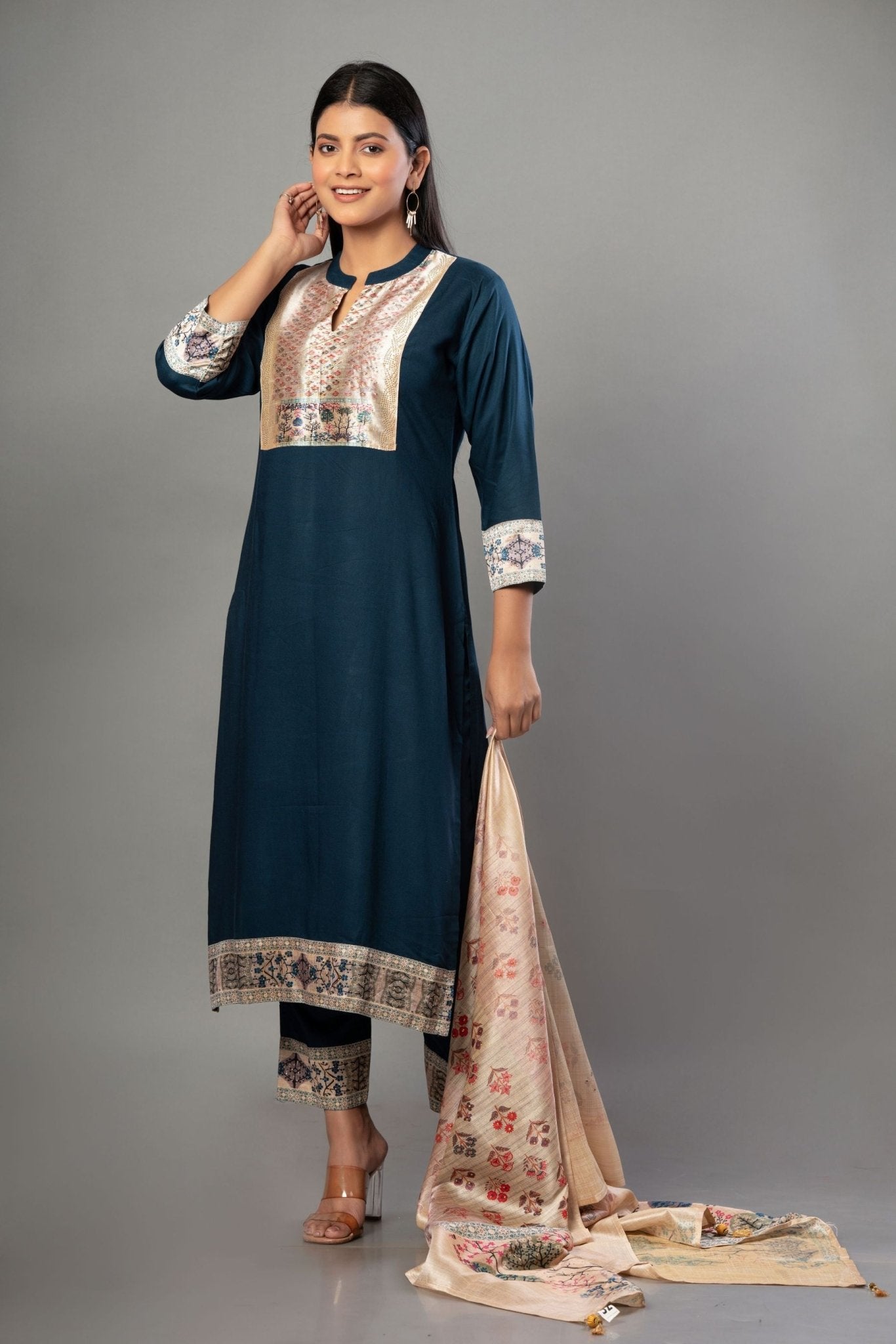 Teal Blue Straight Kurti Set with Cotton Silk - Anvi Couture