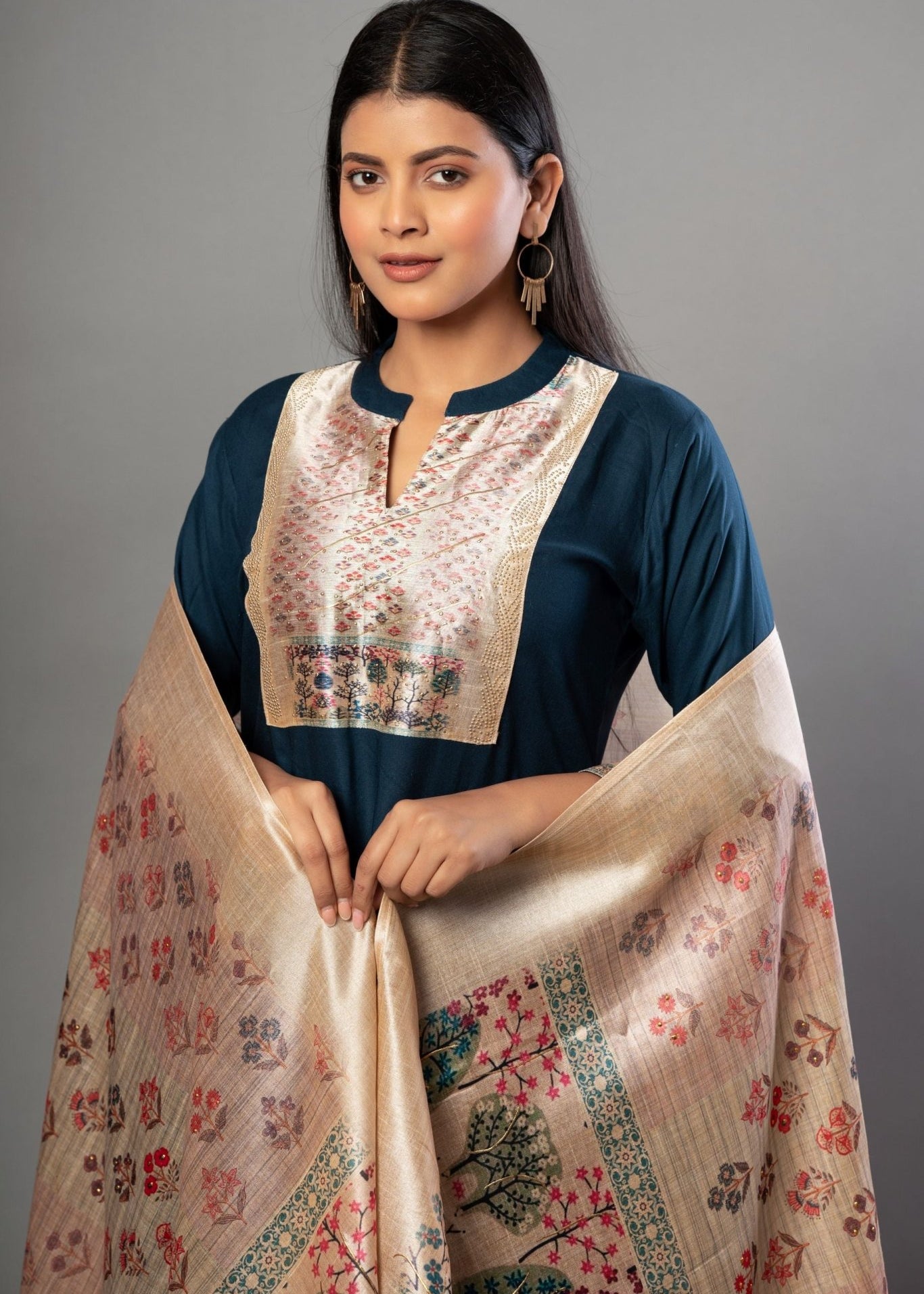 Teal Blue Straight Kurti Set with Cotton Silk - Anvi Couture