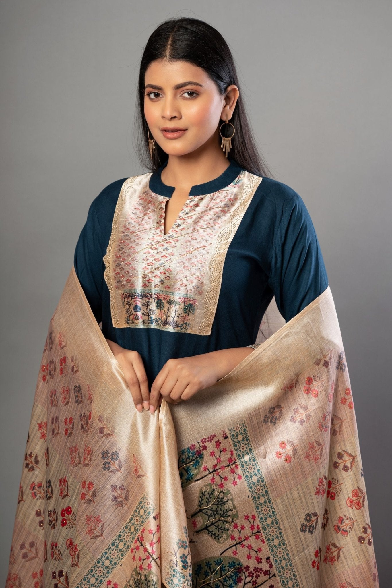 Teal Blue Straight Kurti Set with Cotton Silk - Anvi Couture