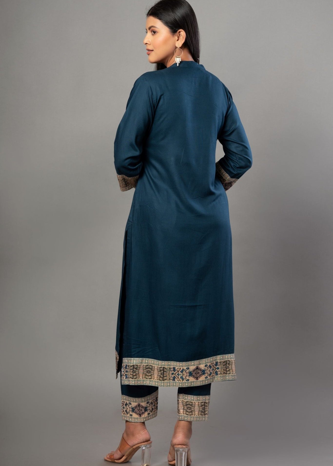 Teal Blue Straight Kurti Set with Cotton Silk - Anvi Couture