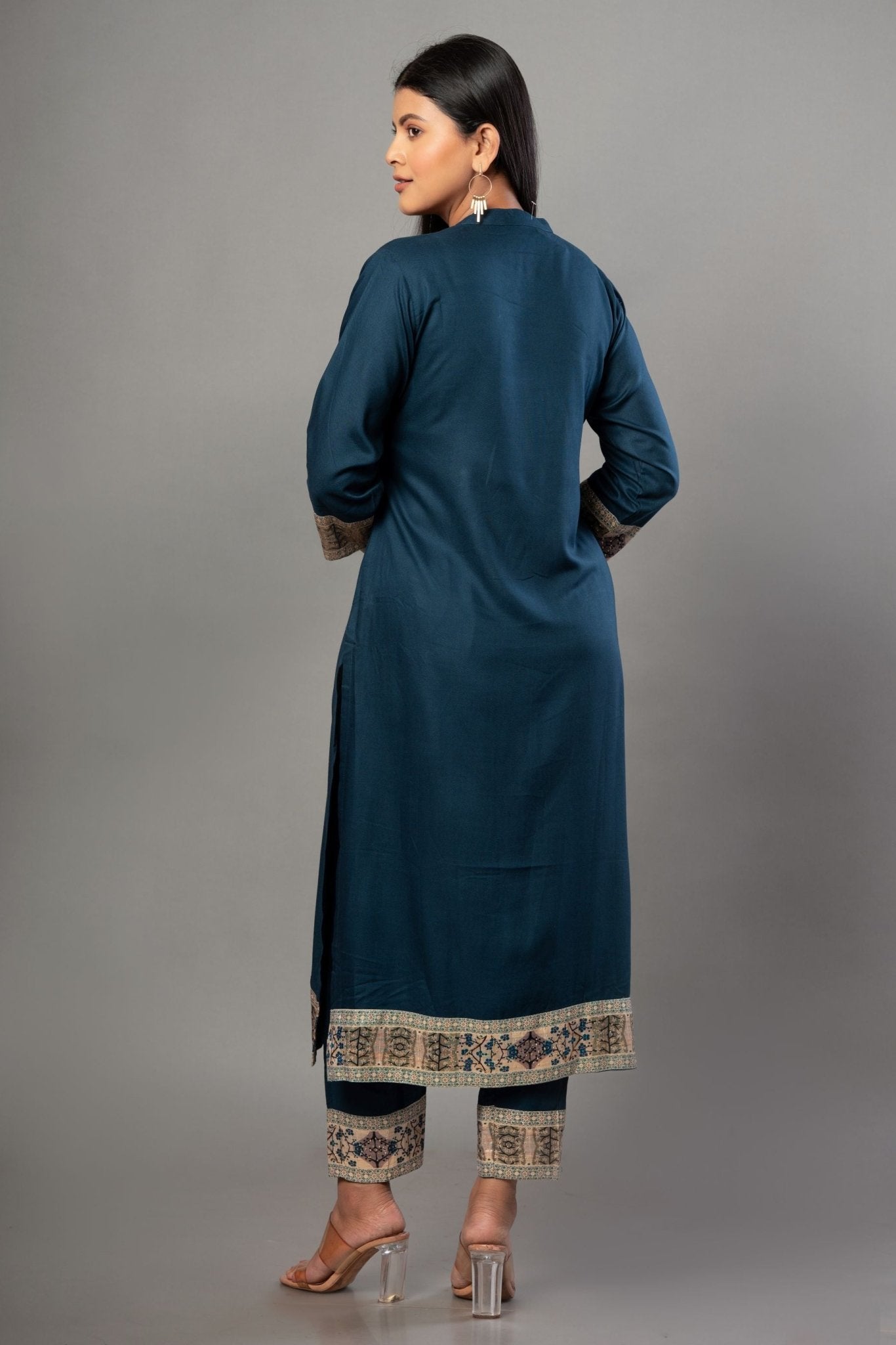 Teal Blue Straight Kurti Set with Cotton Silk - Anvi Couture