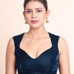 Teal Blue Velvet Blouse with Queen Anne Neckline - Anvi Couture