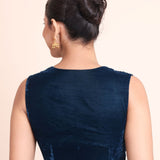 Teal Blue Velvet Blouse with Queen Anne Neckline - Anvi Couture