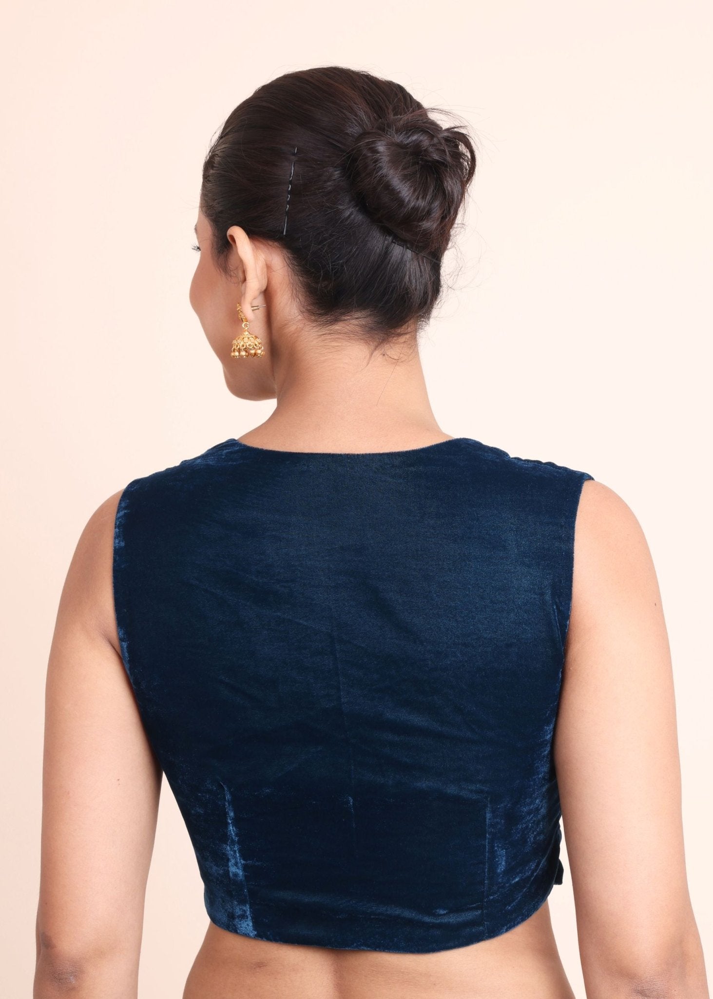 Teal Blue Velvet Blouse with Queen Anne Neckline - Anvi Couture