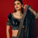 Classic Blue Velvet Zardozi Work Lehenga for Elegant Brides