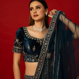 Classic Blue Velvet Zardozi Work Lehenga for Elegant Brides