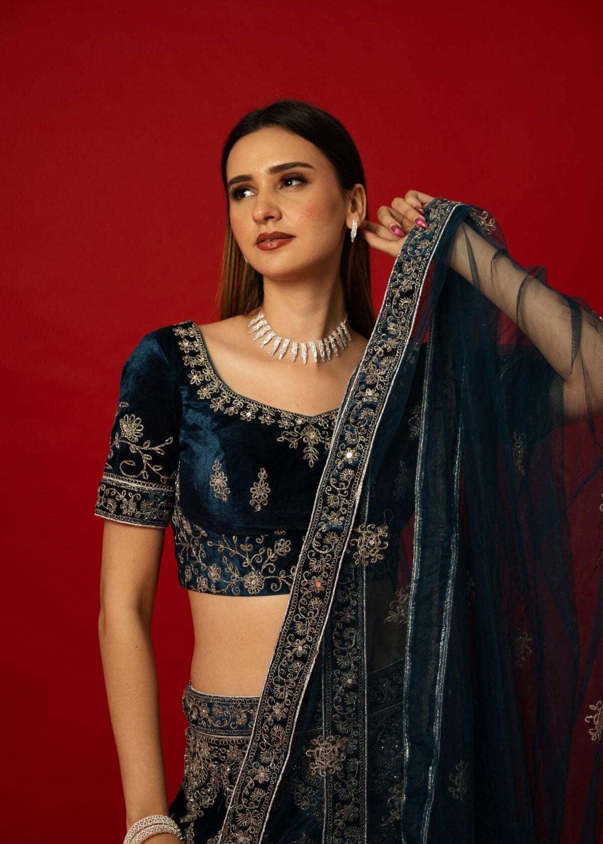 Classic Blue Velvet Zardozi Work Lehenga for Elegant Brides