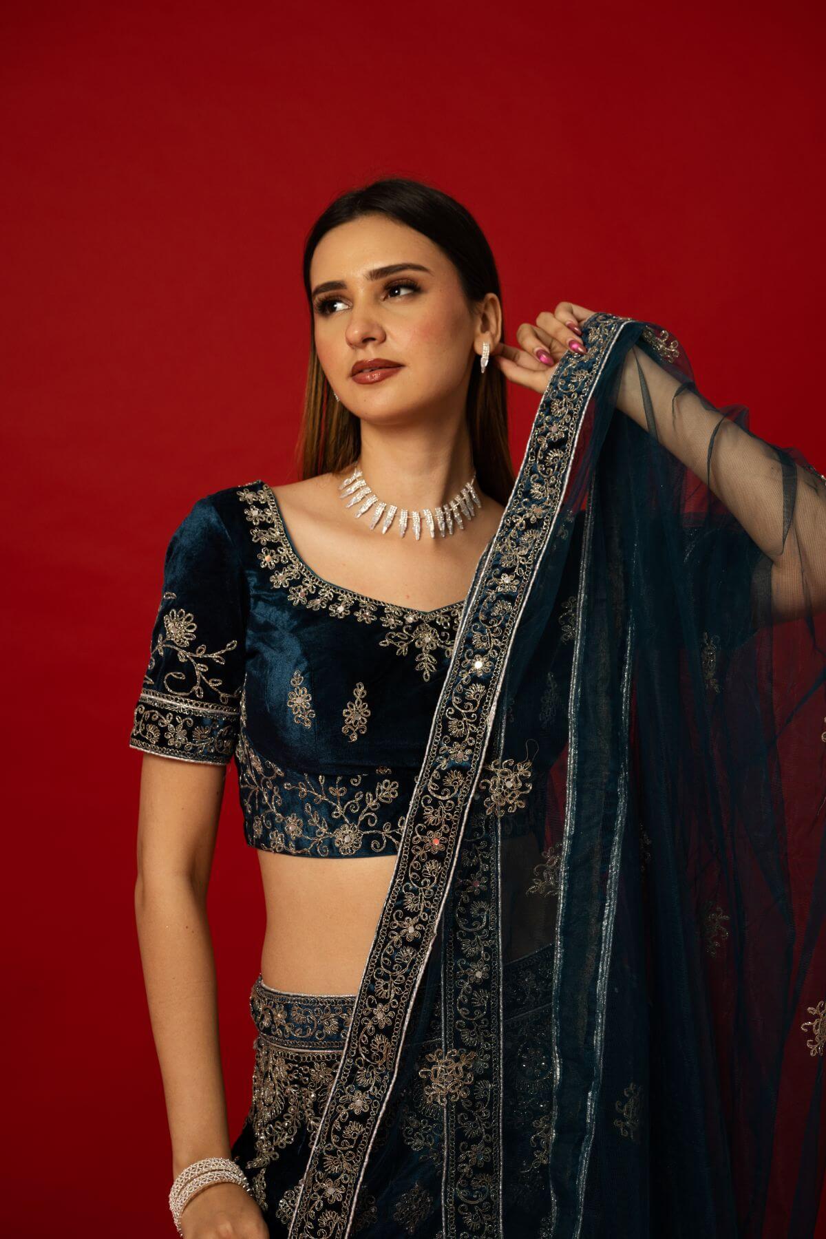 Classic Blue Velvet Zardozi Work Lehenga for Elegant Brides