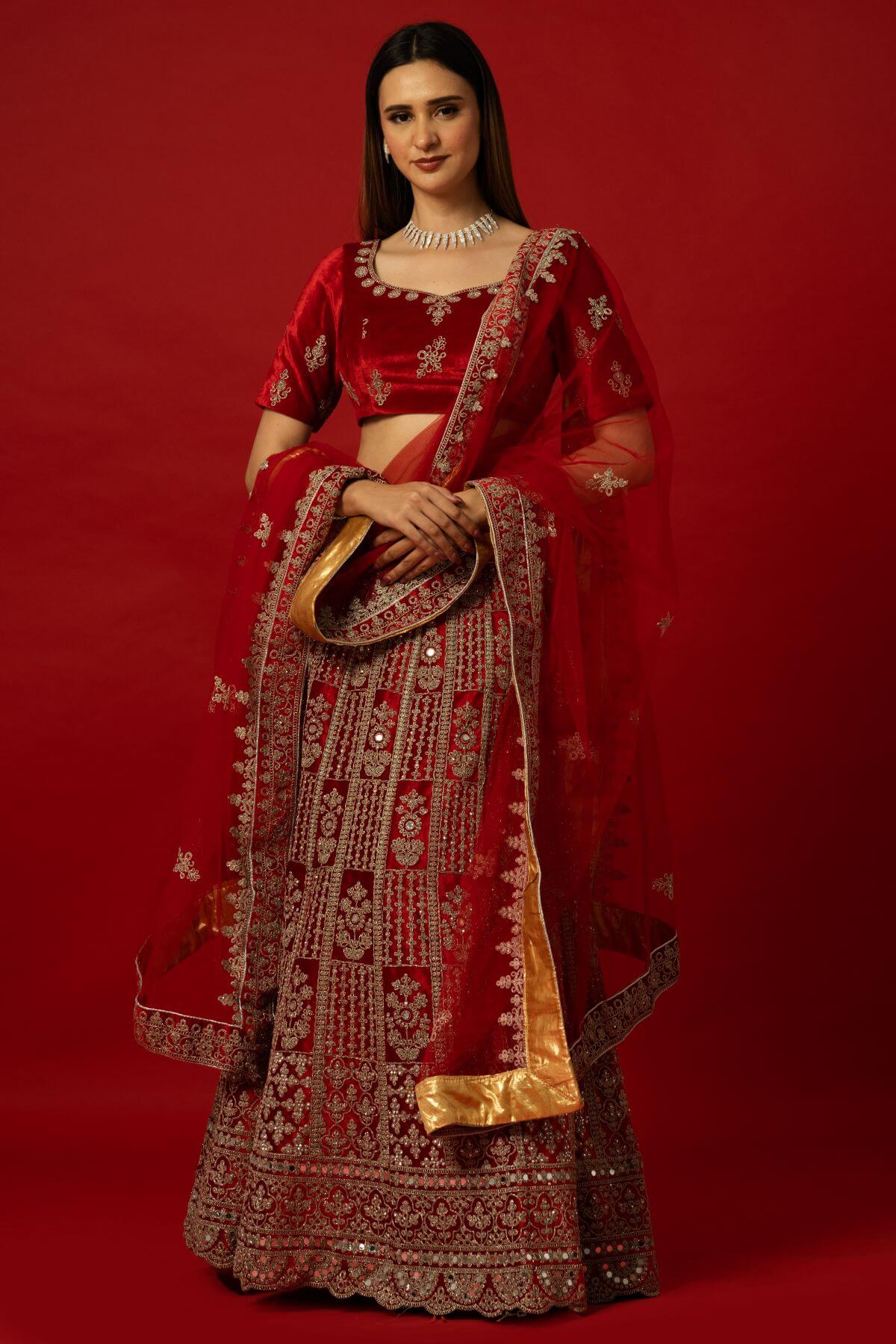 Stunning Red Velvet Bridal Lehenga with Handcrafted Zardozi Details
