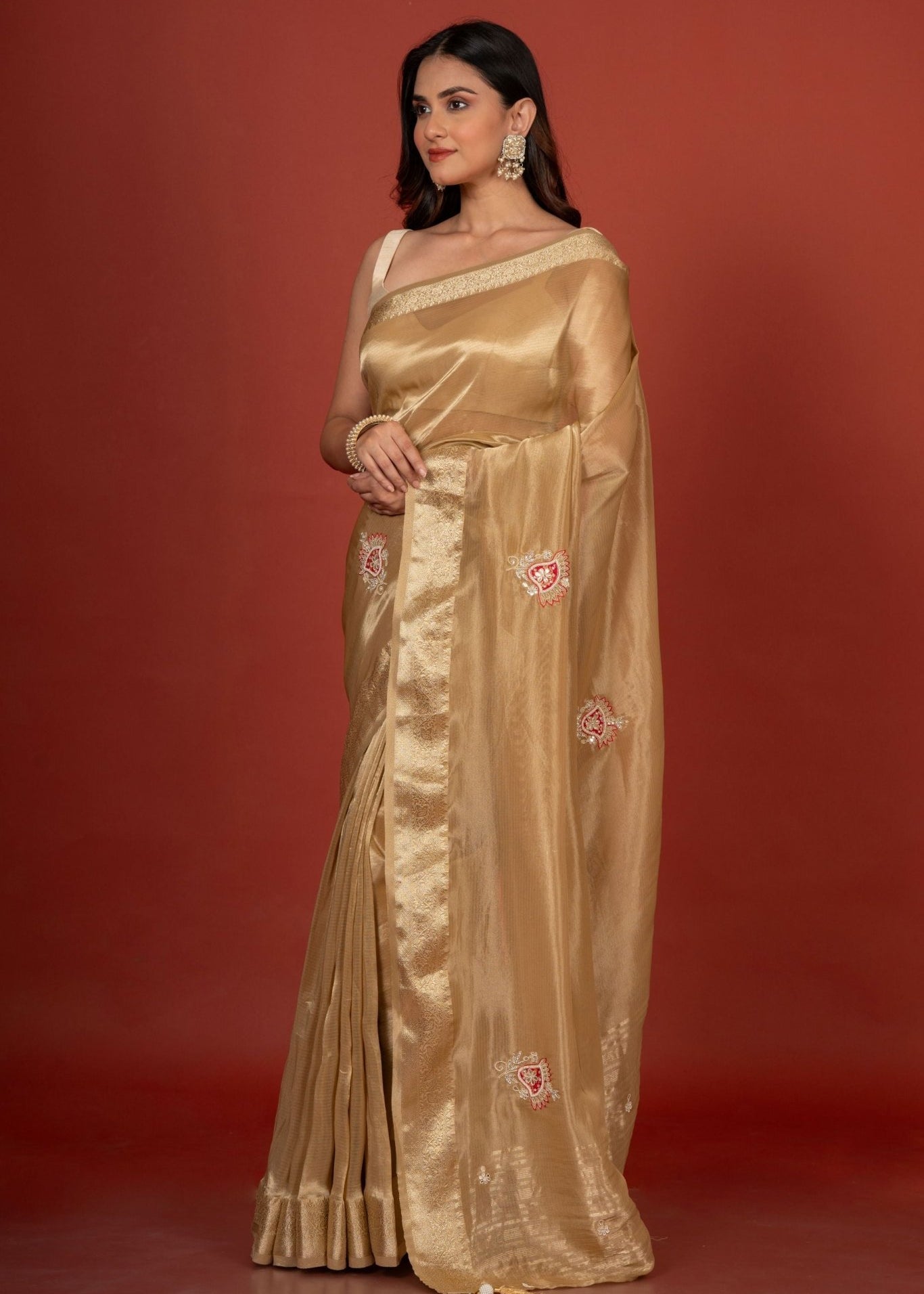 Golden Tissue Organza Embroidered Saree - Anvi Couture