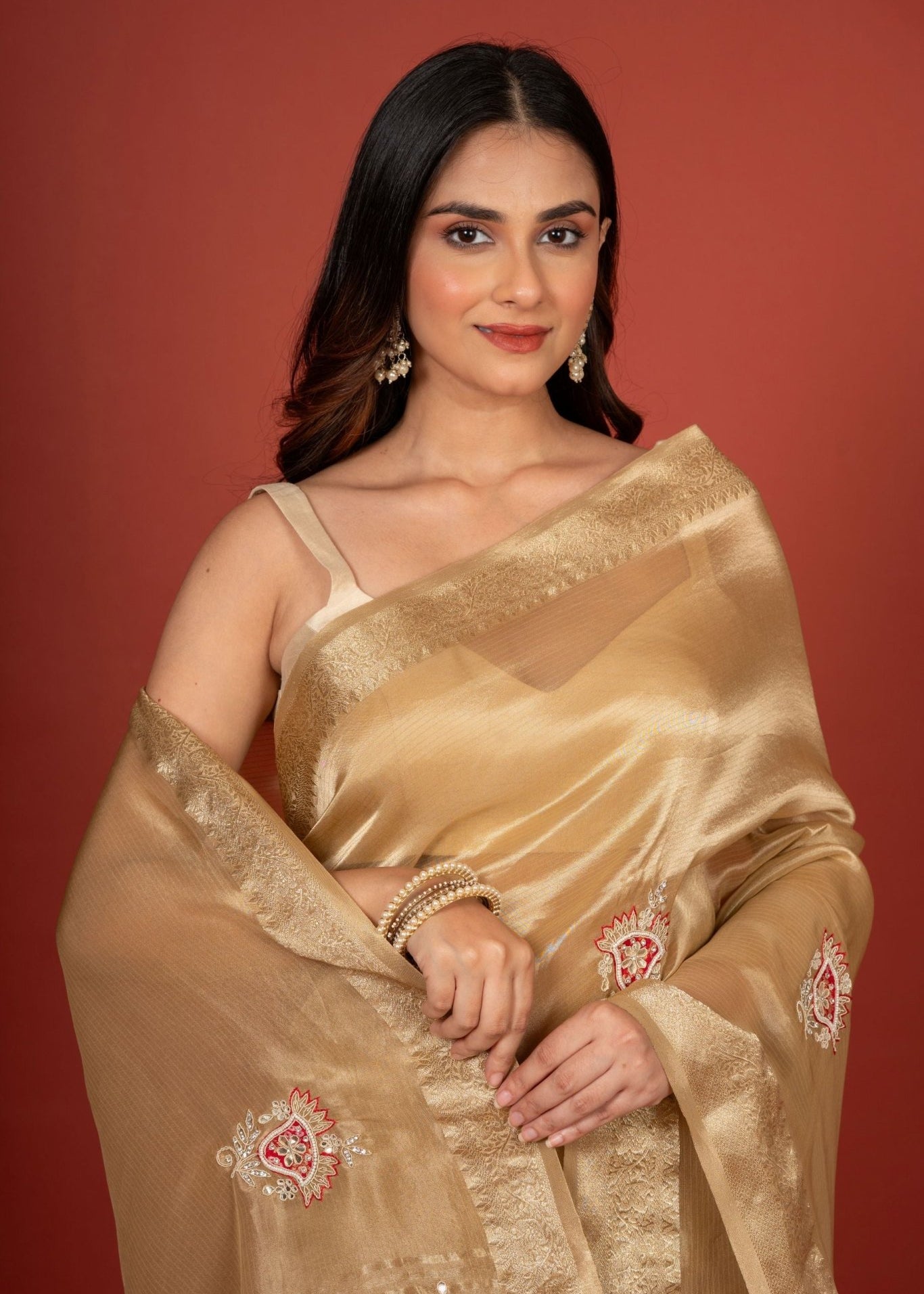 Golden Tissue Organza Embroidered Saree - Anvi Couture