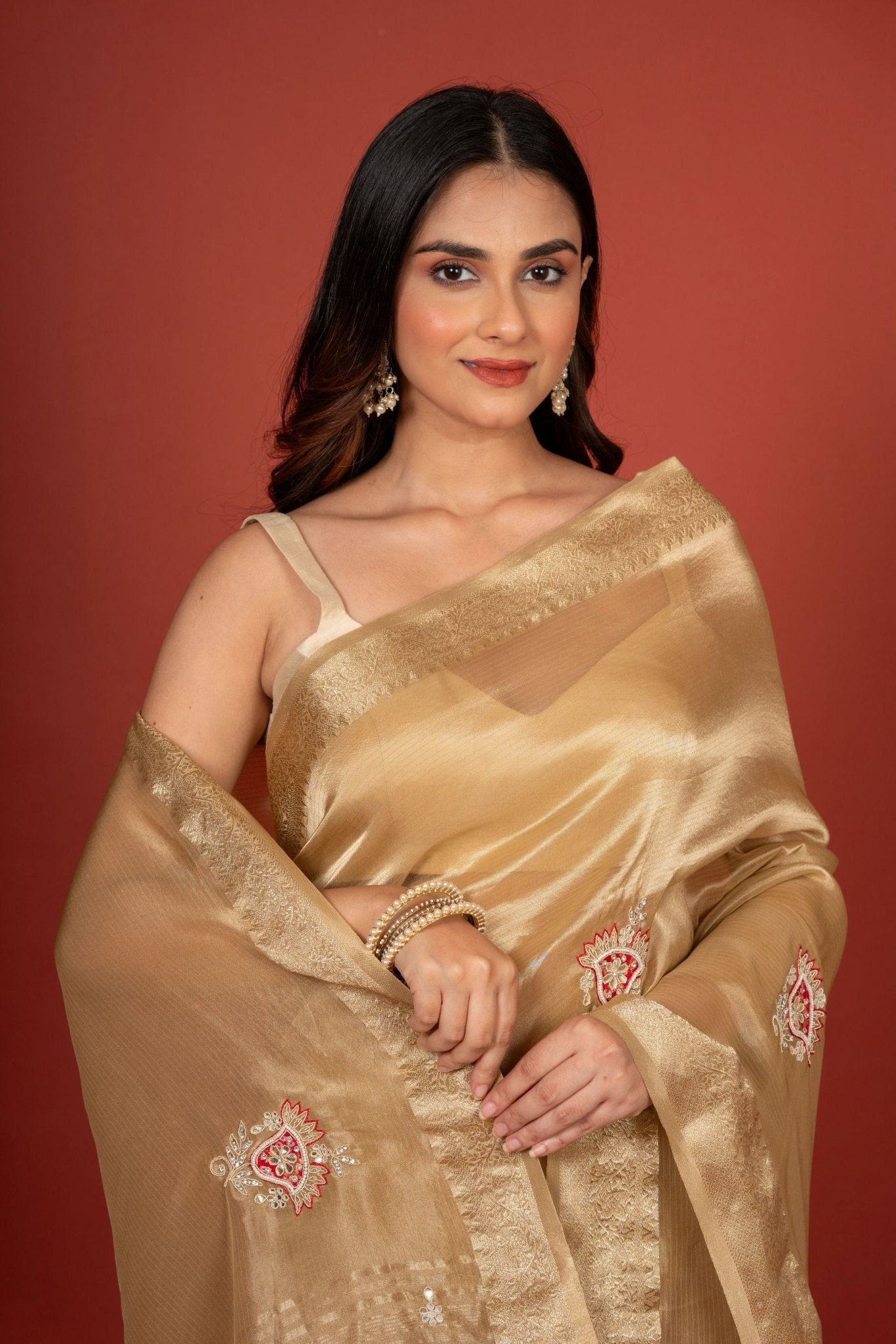 Golden Tissue Organza Embroidered Saree - Anvi Couture
